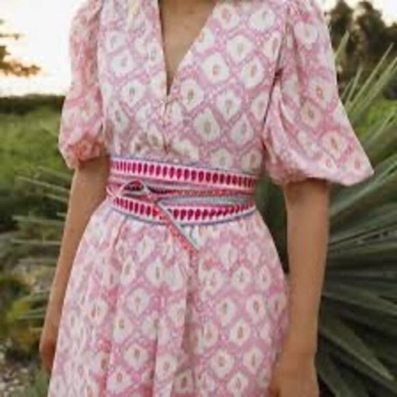 Marea Pink White Ikat Print Short Puff Sleeve Collette Shortie Dress Size Small - Picture 5 of 11